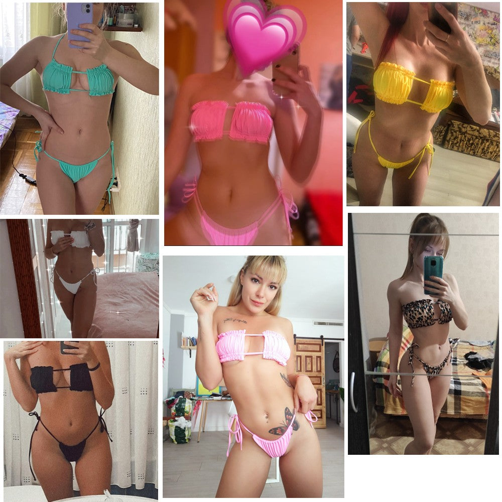 Bikini plisado de cintura baja para mujer, traje de baño de dos piezas con Tanga