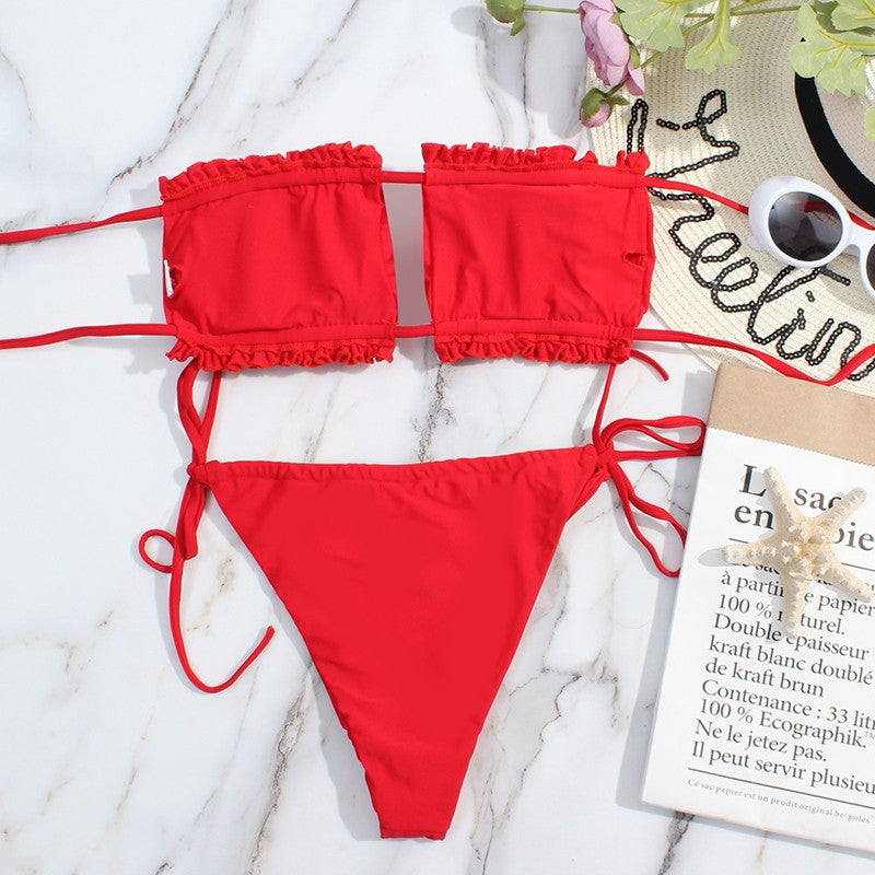Bikini plisado de cintura baja para mujer, traje de baño de dos piezas con Tanga