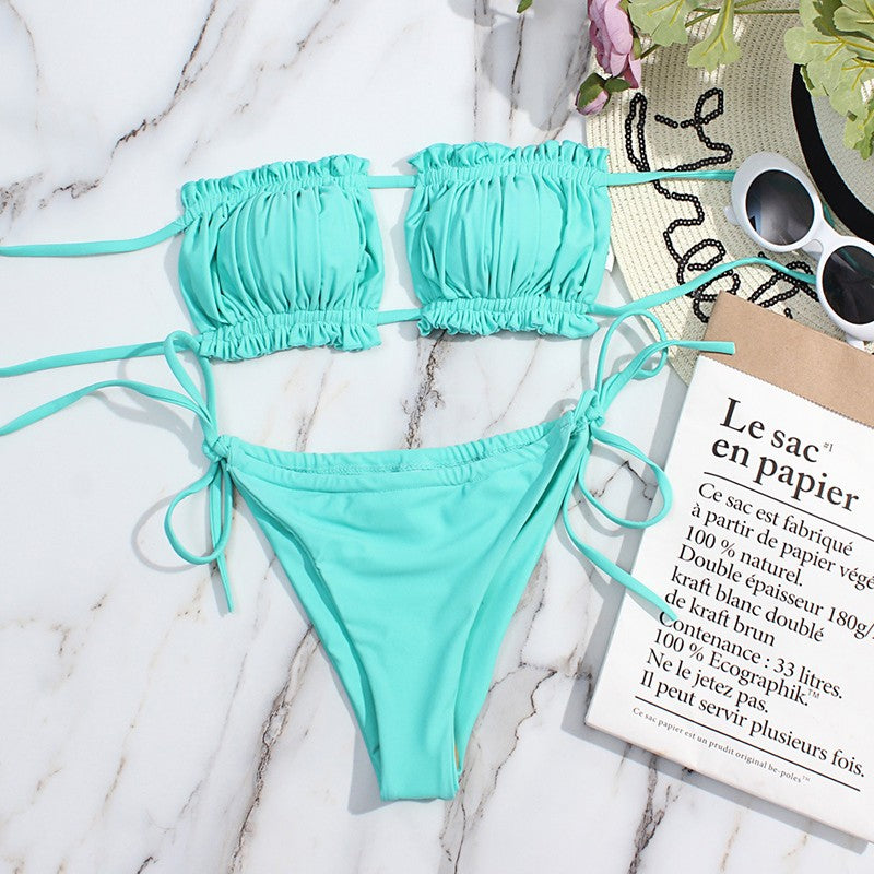 Bikini plisado de cintura baja para mujer, traje de baño de dos piezas con Tanga