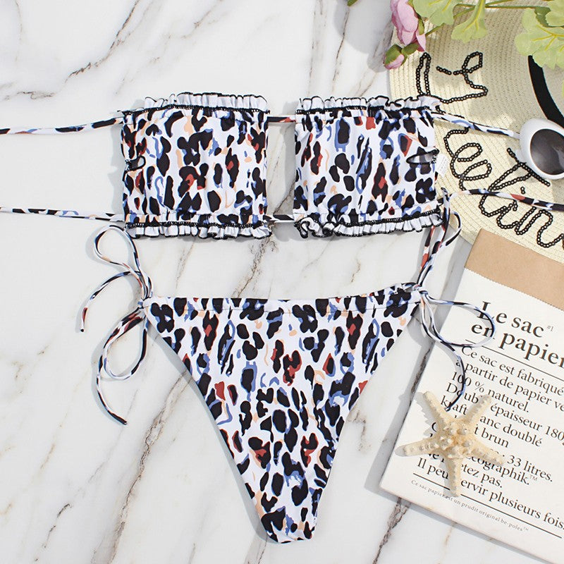 Bikini plisado de cintura baja para mujer, traje de baño de dos piezas con Tanga