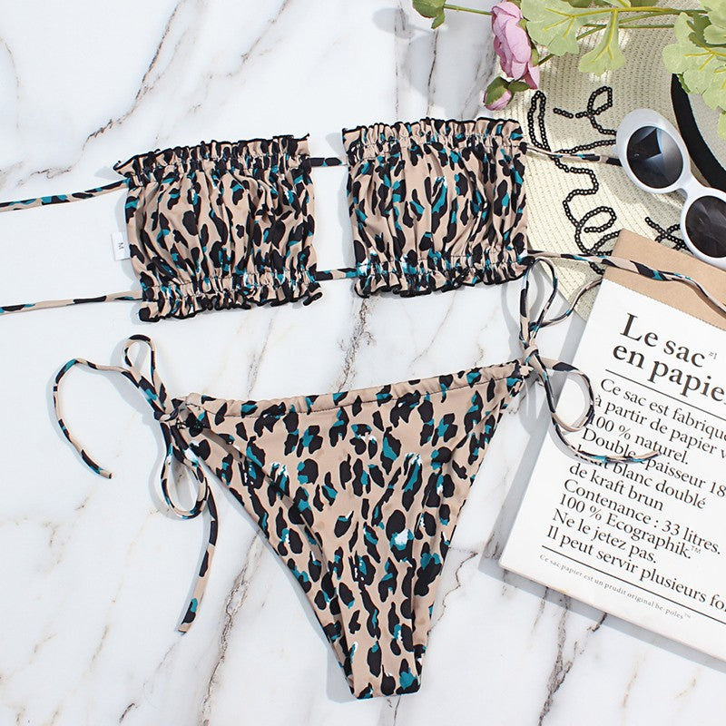 Bikini plisado de cintura baja para mujer, traje de baño de dos piezas con Tanga
