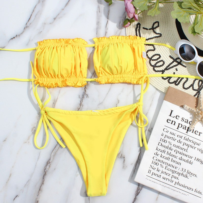 Bikini plisado de cintura baja para mujer, traje de baño de dos piezas con Tanga
