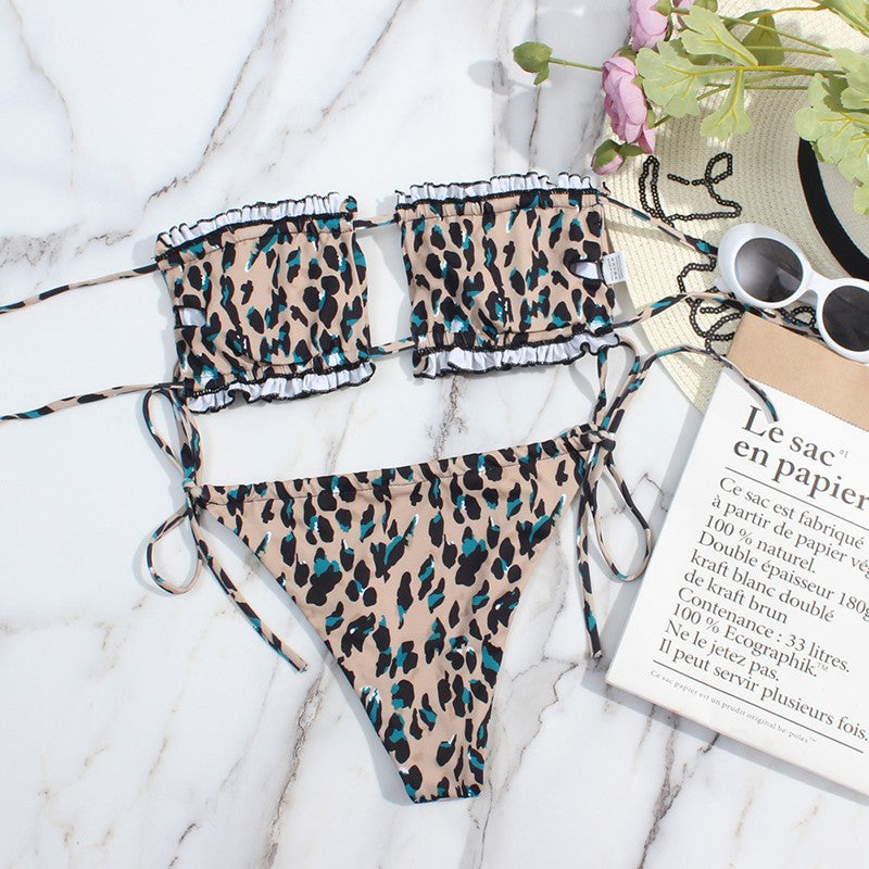 Bikini plisado de cintura baja para mujer, traje de baño de dos piezas con Tanga