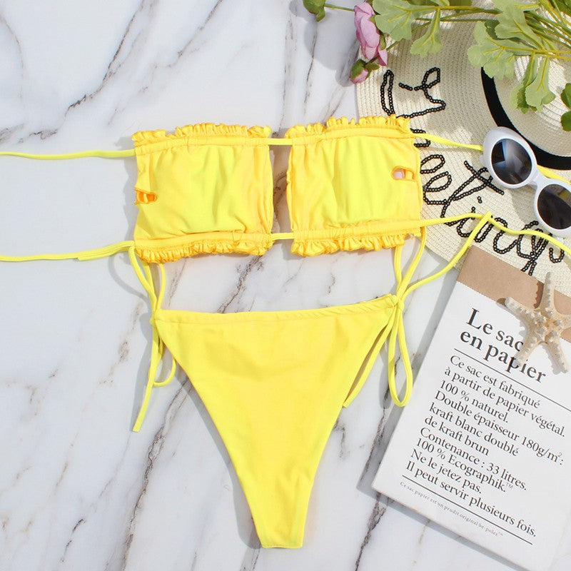 Bikini plisado de cintura baja para mujer, traje de baño de dos piezas con Tanga