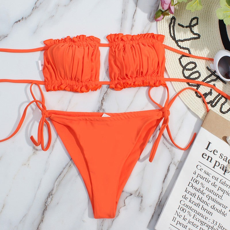 Bikini plisado de cintura baja para mujer, traje de baño de dos piezas con Tanga