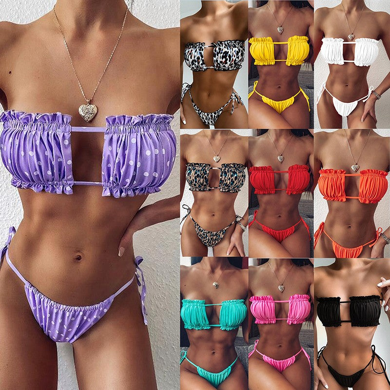 Bikini plisado de cintura baja para mujer, traje de baño de dos piezas con Tanga