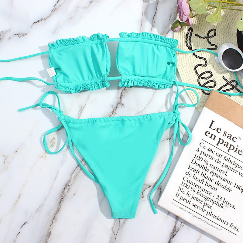 Bikini plisado de cintura baja para mujer, traje de baño de dos piezas con Tanga
