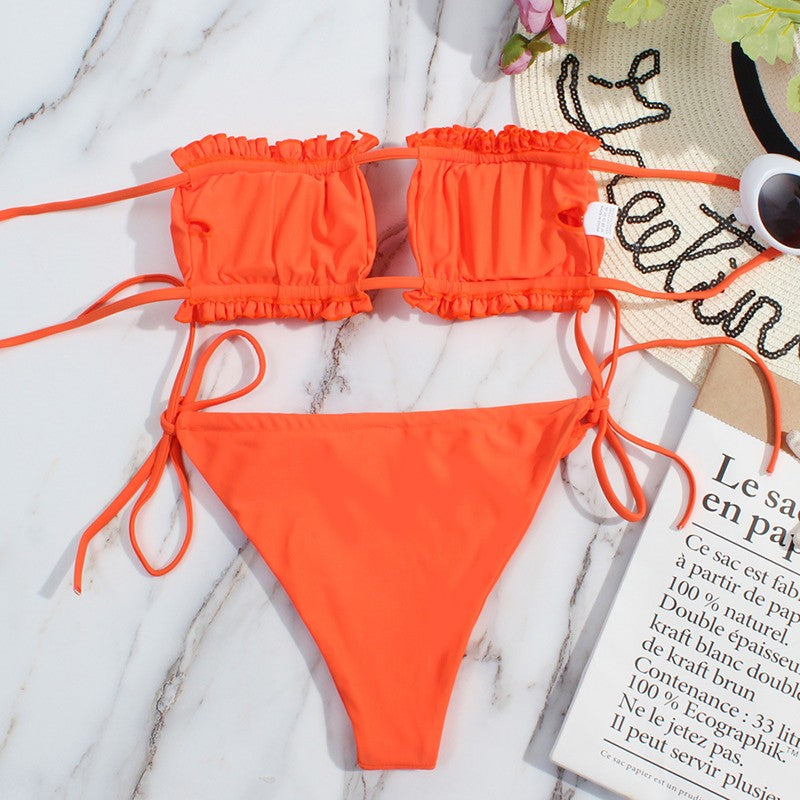 Bikini plisado de cintura baja para mujer, traje de baño de dos piezas con Tanga