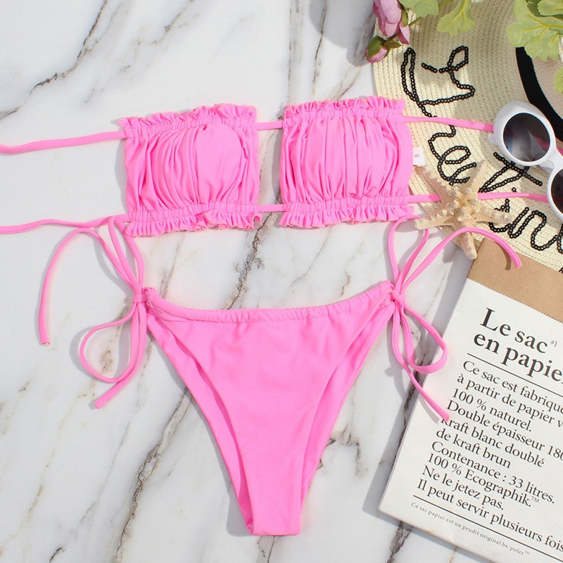 Bikini plisado de cintura baja para mujer, traje de baño de dos piezas con Tanga