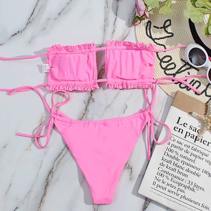 Bikini plisado de cintura baja para mujer, traje de baño de dos piezas con Tanga