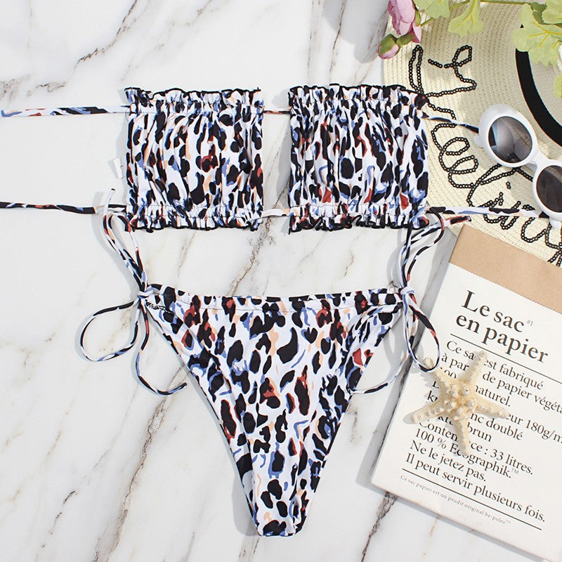 Bikini plisado de cintura baja para mujer, traje de baño de dos piezas con Tanga
