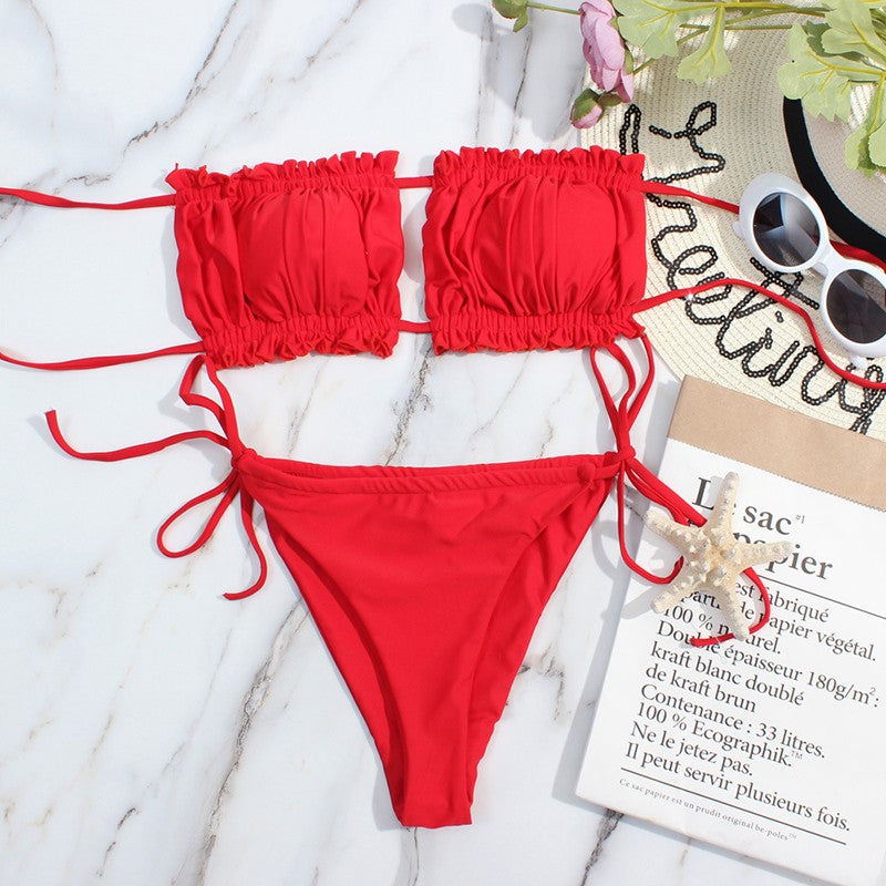 Bikini plisado de cintura baja para mujer, traje de baño de dos piezas con Tanga